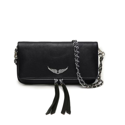 Quilted PU Leather Crossbody Shoulder Clutch Bag Tassel Chain Strap Black