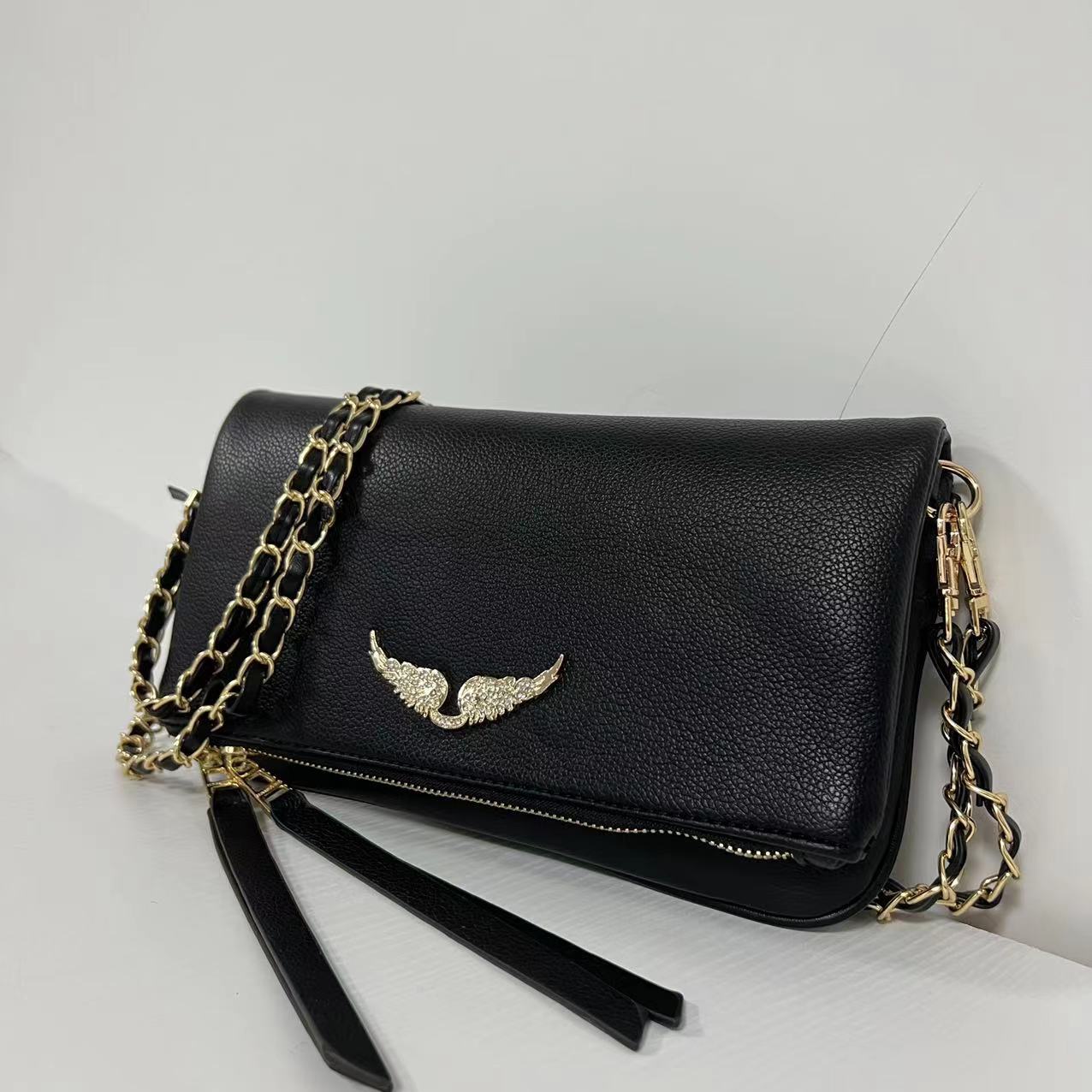 Quilted PU Leather Crossbody Shoulder Clutch Bag Tassel Chain Strap Gold Black