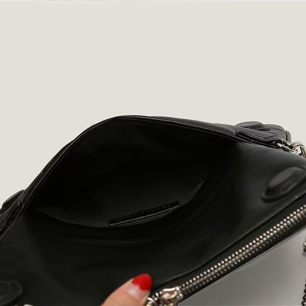Quilted PU Leather Crossbody Shoulder Clutch Bag Chain Strap Black