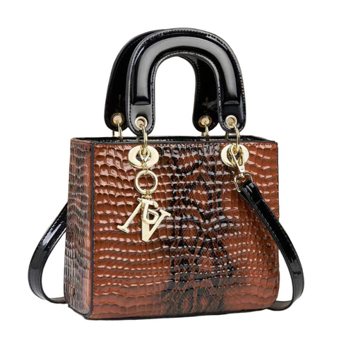 Faux Snakeskin PU Leather Top Handle Shoulder Bag Handbag Letter Charm Brown