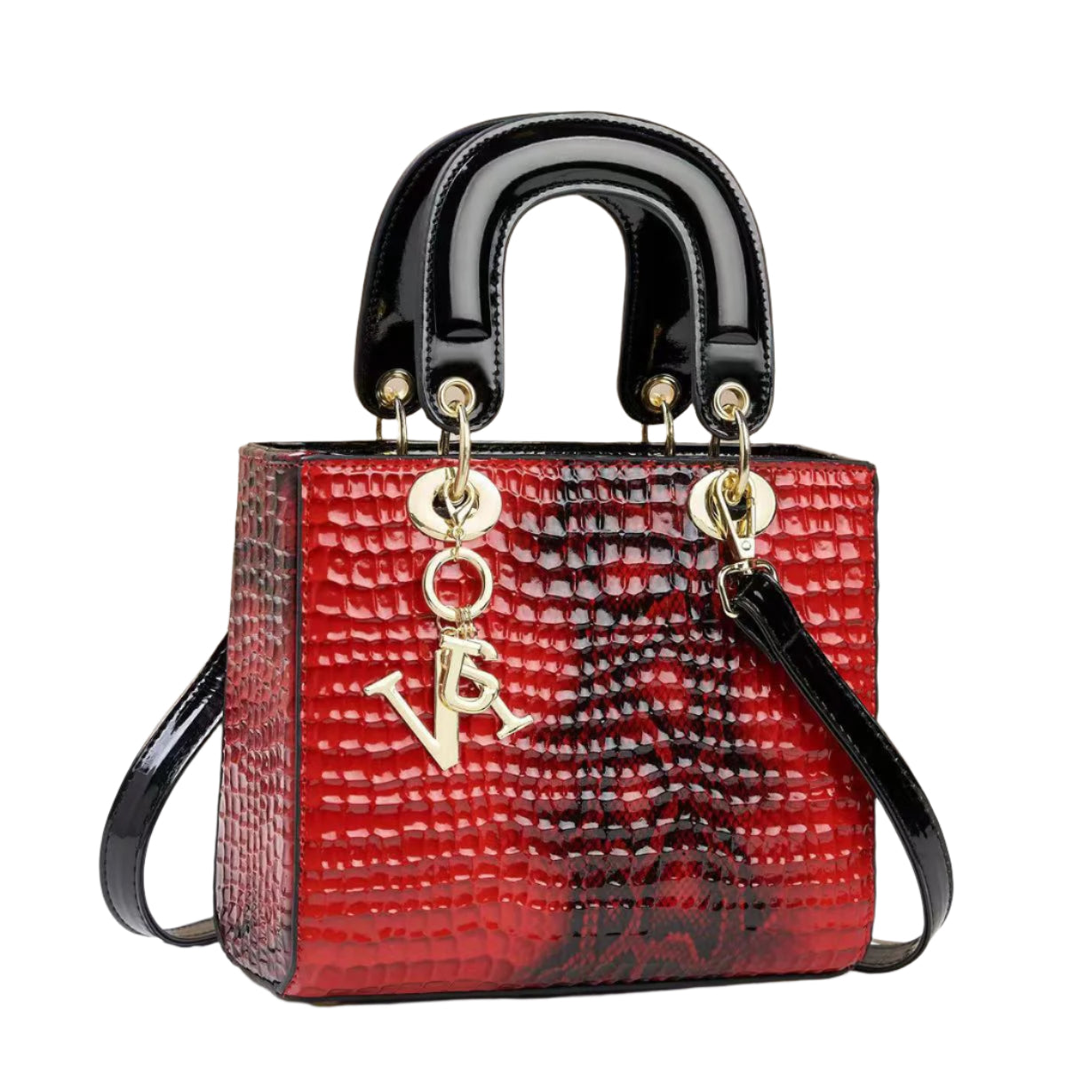 Faux Snakeskin PU Leather Top Handle Shoulder Bag Handbag Letter Charm Red