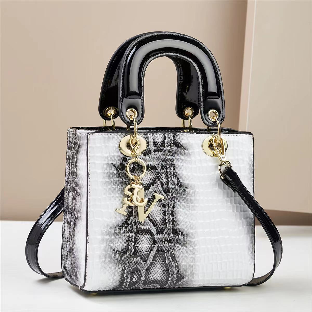 Faux Snakeskin PU Leather Top Handle Shoulder Bag Handbag Letter Charm White