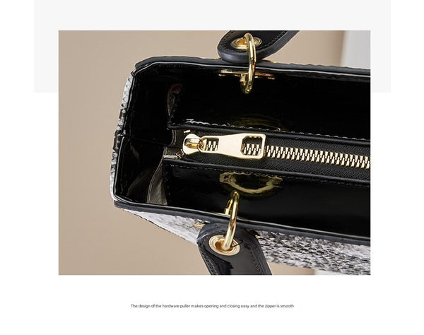 Faux Snakeskin PU Leather Top Handle Shoulder Bag Handbag Letter Charm White