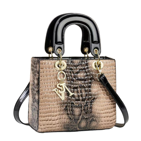 Faux Snakeskin PU Leather Top Handle Shoulder Bag Handbag Letter Charm Khaki