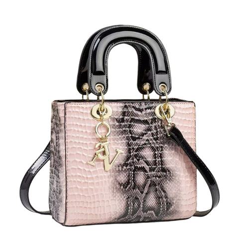 Faux Snakeskin PU Leather Top Handle Shoulder Bag Handbag Letter Charm Pink