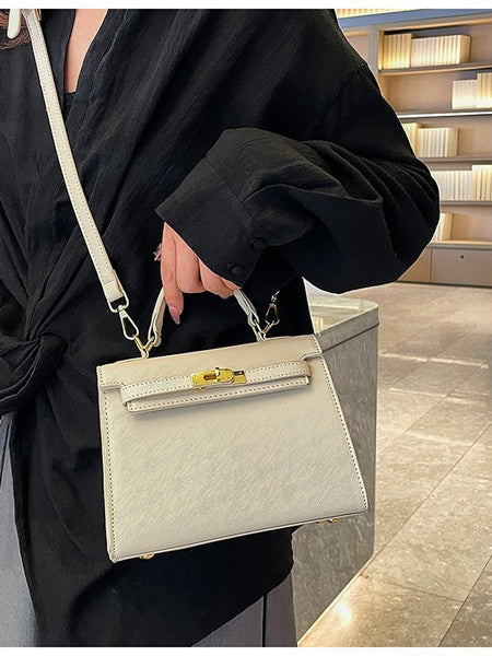 Faux PU Leather Top Handle Satchel Crossbody Shoulder Bag Handbag Off White