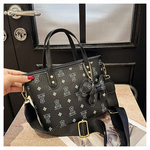 Faux PU Leather Bear Diamond Print Tote Crossbody Shoulder Bag Charm Black