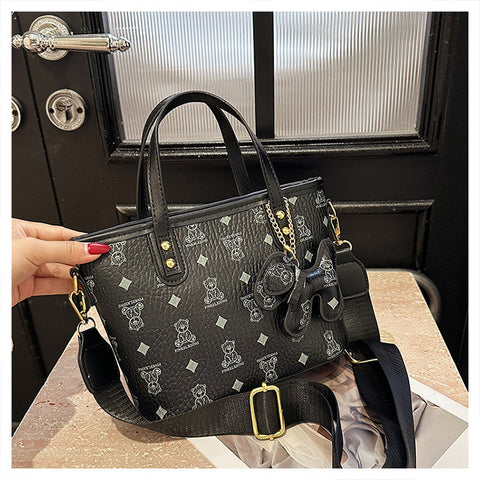 Faux PU Leather Bear Diamond Print Tote Crossbody Shoulder Bag Charm Black