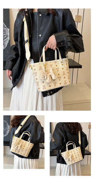 Faux PU Leather Bear Diamond Print Tote Crossbody Shoulder Bag Charm Black