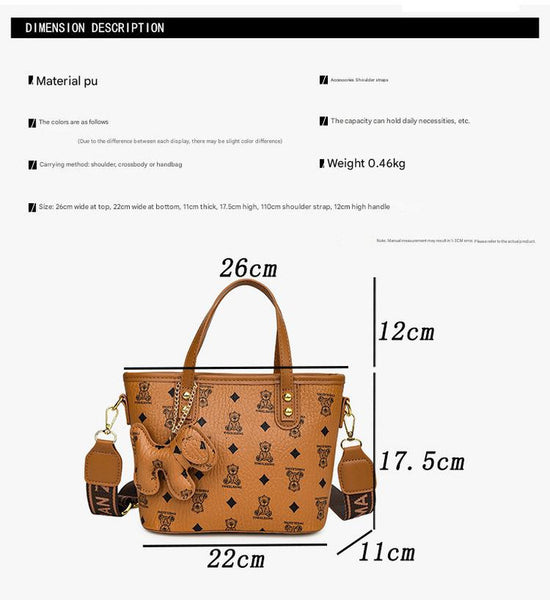 Faux PU Leather Bear Diamond Print Tote Crossbody Shoulder Bag Charm Black
