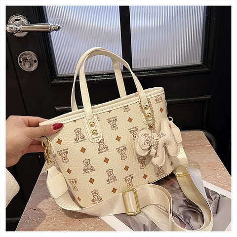 Faux PU Leather Bear Diamond Print Tote Crossbody Shoulder Bag Charm Beige