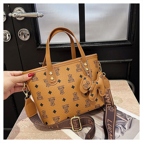 Faux PU Leather Bear Diamond Print Tote Crossbody Shoulder Bag Charm Brown