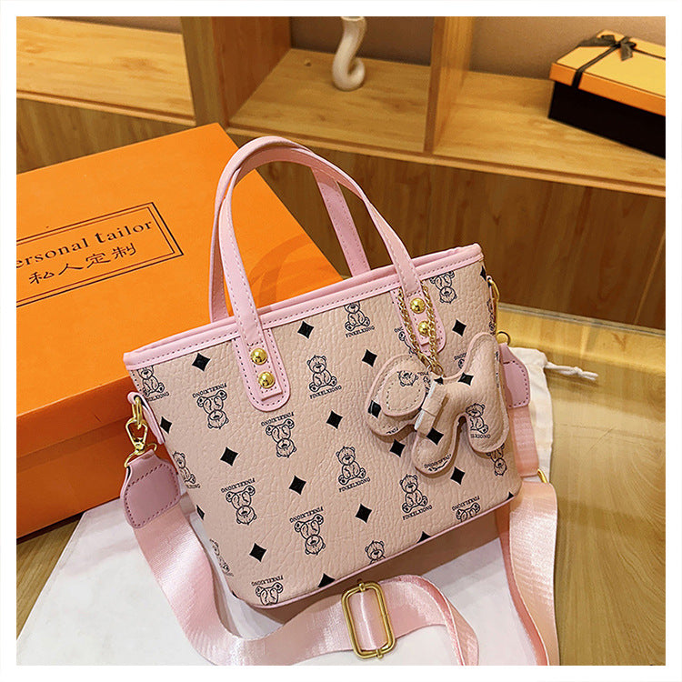 Faux PU Leather Bear Diamond Print Tote Crossbody Shoulder Bag Charm Pink