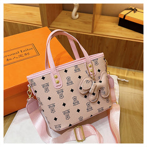 Faux PU Leather Bear Diamond Print Tote Crossbody Shoulder Bag Charm Pink