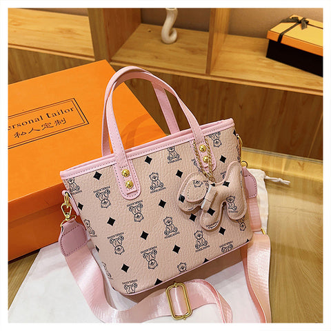 Faux PU Leather Bear Diamond Print Tote Crossbody Shoulder Bag Charm Pink