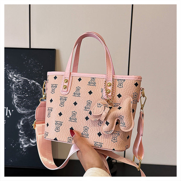 Faux PU Leather Bear Diamond Print Tote Crossbody Shoulder Bag Charm Pink