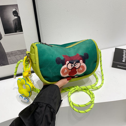 Cartoon Girl Canvas Crossbody Shoulder Bag Adjustable Rope Strap Flower Charm Green