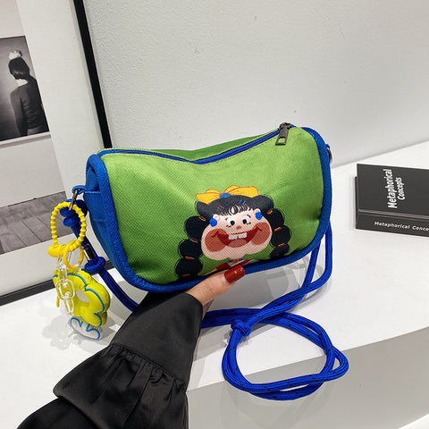 Cartoon Girl Canvas Crossbody Shoulder Bag Adjustable Rope Strap Flower Charm Green