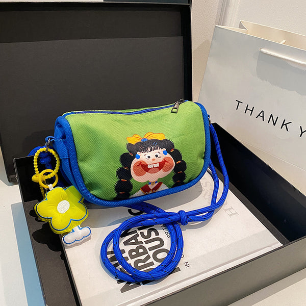 Cartoon Girl Canvas Crossbody Shoulder Bag Adjustable Rope Strap Flower Charm Green