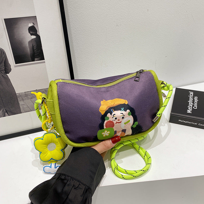 Cartoon Girl Canvas Crossbody Shoulder Bag Adjustable Rope Strap Flower Charm Purple