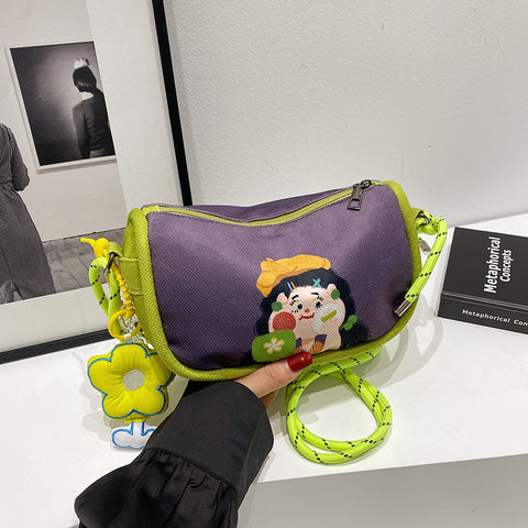 Cartoon Girl Canvas Crossbody Shoulder Bag Adjustable Rope Strap Flower Charm Purple
