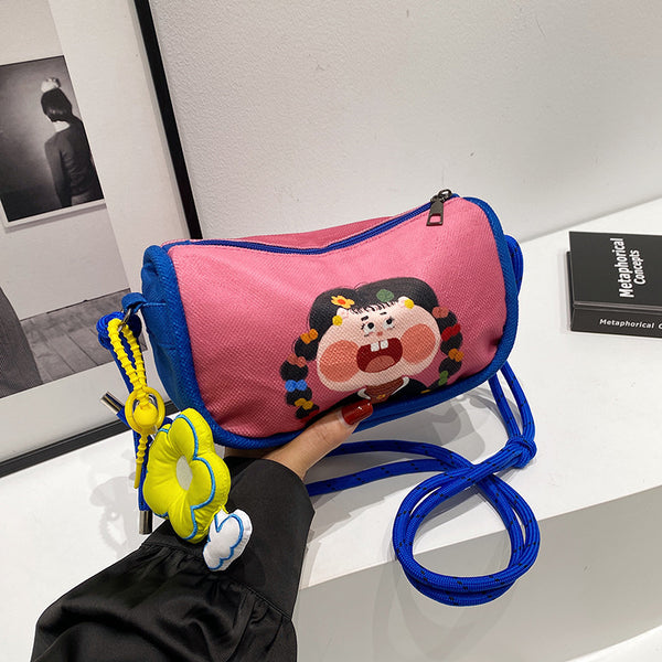 Cartoon Girl Canvas Crossbody Shoulder Bag Adjustable Rope Strap Flower Charm Pink
