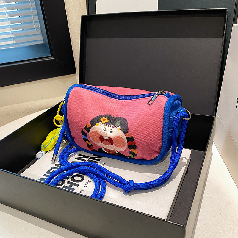 Cartoon Girl Canvas Crossbody Shoulder Bag Adjustable Rope Strap Flower Charm Pink