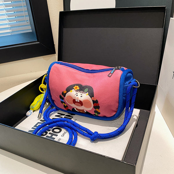 Cartoon Girl Canvas Crossbody Shoulder Bag Adjustable Rope Strap Flower Charm Pink