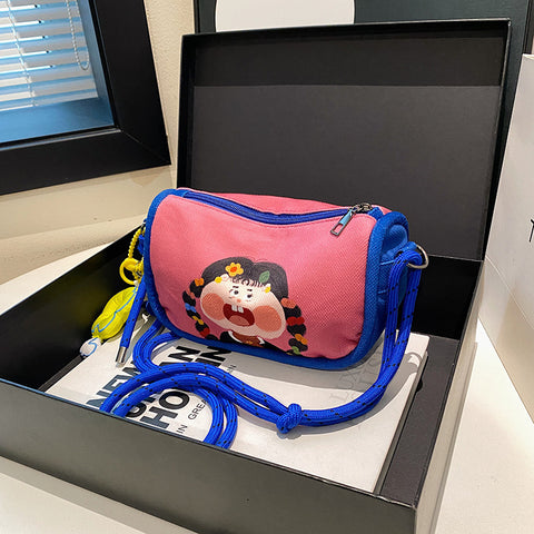 Cartoon Girl Canvas Crossbody Shoulder Bag Adjustable Rope Strap Flower Charm Pink