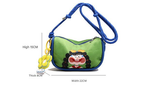 Cartoon Girl Canvas Crossbody Shoulder Bag Adjustable Rope Strap Flower Charm Pink