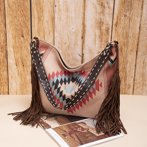Western Boho Style Canvas Hobo Shoulder Bag Tassels Geometric Print Khaki