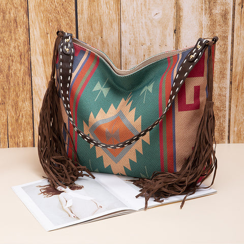 Western Boho Style Canvas Hobo Shoulder Bag Tassels Geometric Print Green