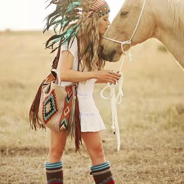 Western Boho Style Canvas Hobo Shoulder Bag Tassels Geometric Print Green