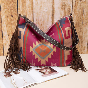 Western Boho Style Canvas Hobo Shoulder Bag Tassels Geometric Print Purple