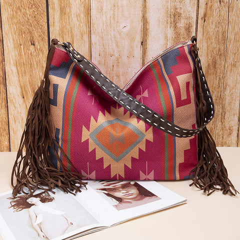 Western Boho Style Canvas Hobo Shoulder Bag Tassels Geometric Print Purple