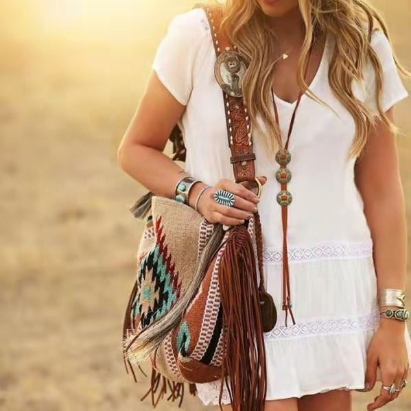 Western Boho Style Canvas Hobo Shoulder Bag Tassels Geometric Print Purple