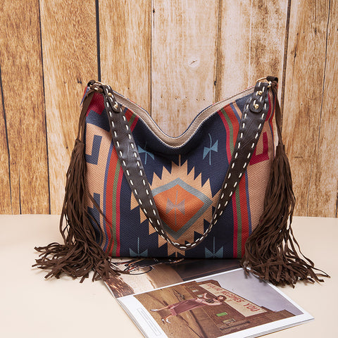 Western Boho Style Canvas Hobo Shoulder Bag Tassels Geometric Print Blue