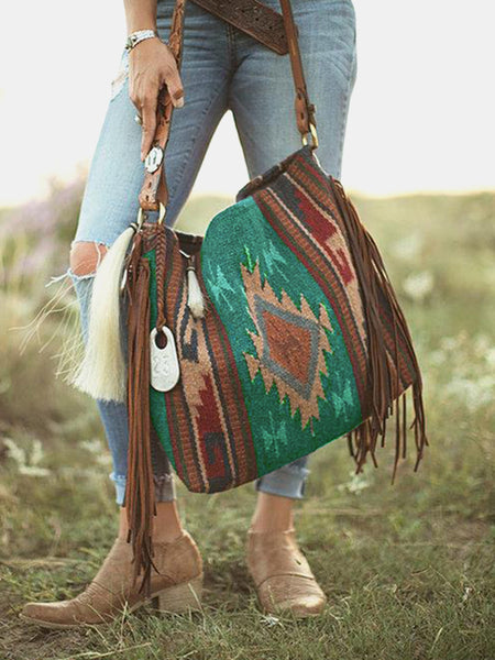 Western Boho Style Canvas Hobo Shoulder Bag Tassels Geometric Print Blue