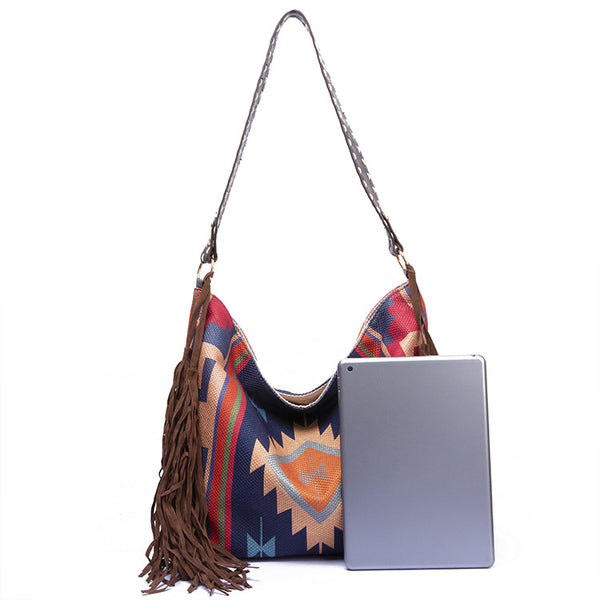 Western Boho Style Canvas Hobo Shoulder Bag Tassels Geometric Print Blue