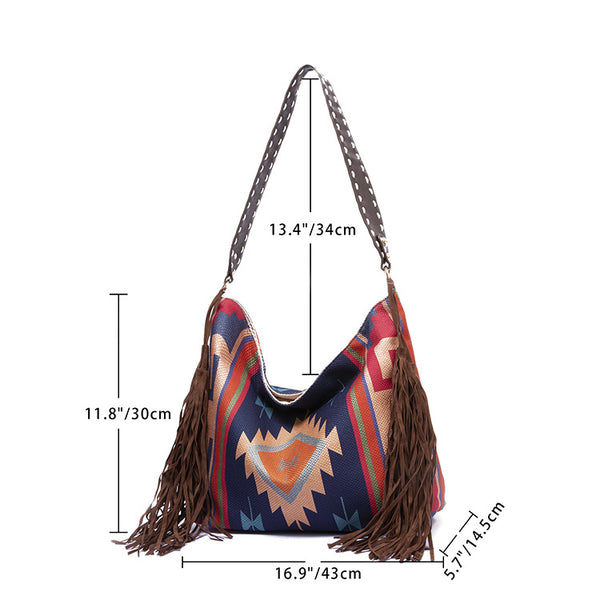 Western Boho Style Canvas Hobo Shoulder Bag Tassels Geometric Print Blue