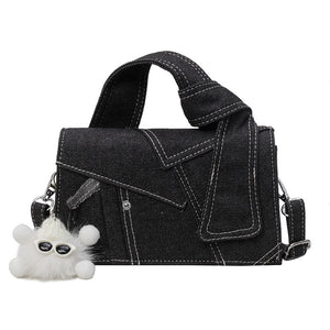 Patchwork Denim Crossbody Shoulder Bag Handbag Black
