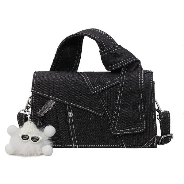 Patchwork Denim Crossbody Shoulder Bag Handbag Black