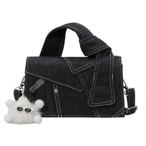 Patchwork Denim Crossbody Shoulder Bag Handbag Black