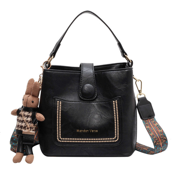 PU Leather Bucket Shoulder Crossbody Bag Patterned Strap Rabbit Charm Black