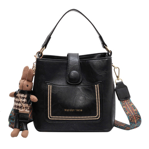PU Leather Bucket Shoulder Crossbody Bag Patterned Strap Rabbit Charm Black