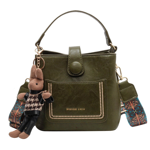 PU Leather Bucket Shoulder Crossbody Bag Patterned Strap Rabbit Charm Green