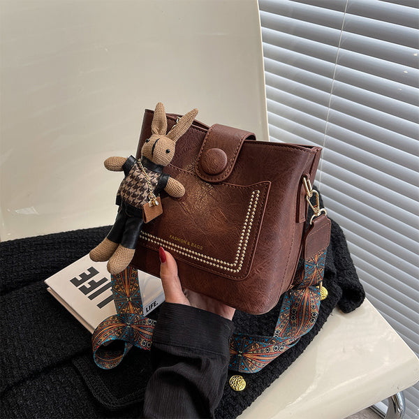 PU Leather Bucket Shoulder Crossbody Bag Patterned Strap Rabbit Charm Green