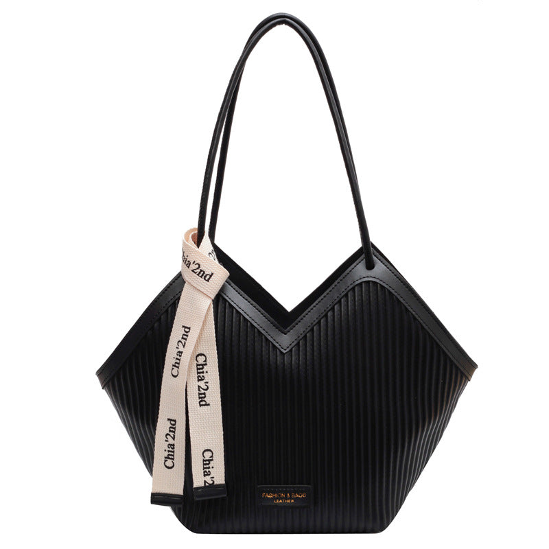 Textured PU Leather Tote Shoulder Bag V-Cut Design Decorative Ribbon Black