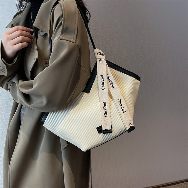 Textured PU Leather Tote Shoulder Bag V-Cut Design Decorative Ribbon Black
