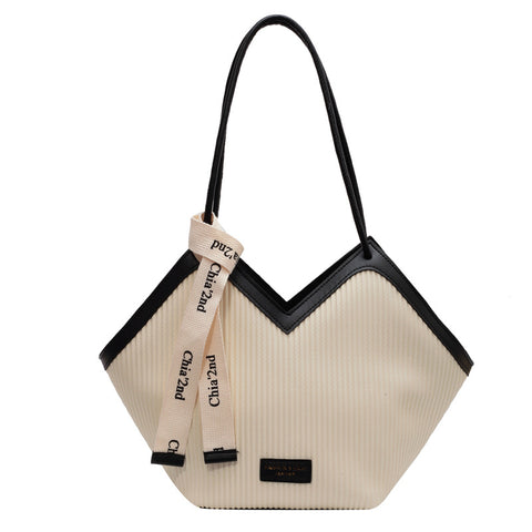 Textured PU Leather Tote Shoulder Bag V-Cut Design Decorative Ribbon Black